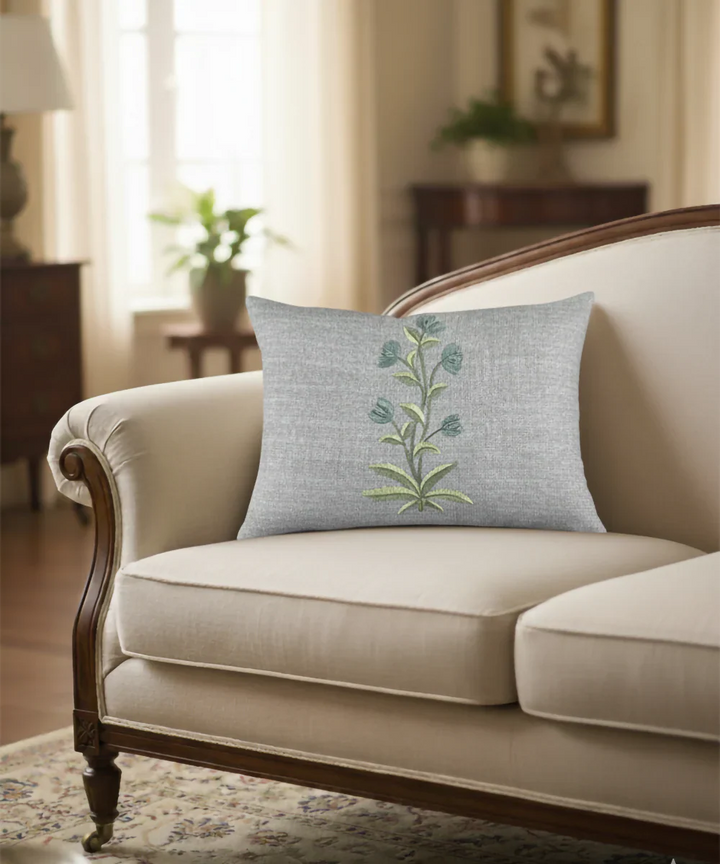 Heather Grey Floral Hand Embroidered Cushion Cover (12x18 Inches) | SHOBITAM