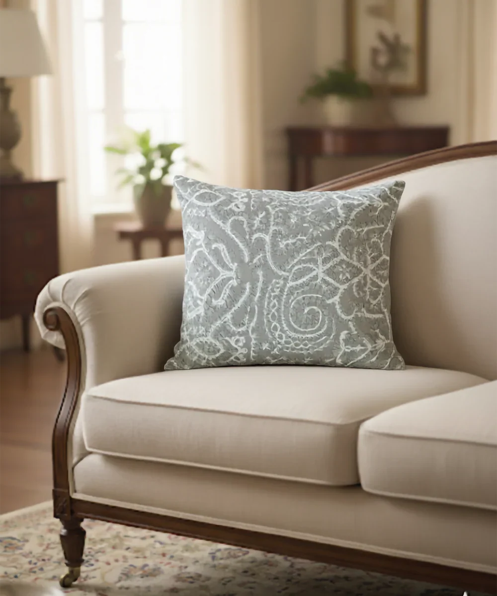 Greyish Green All Over Embroidered Cushion Cover (16x16 Inches) | SHOBITAM