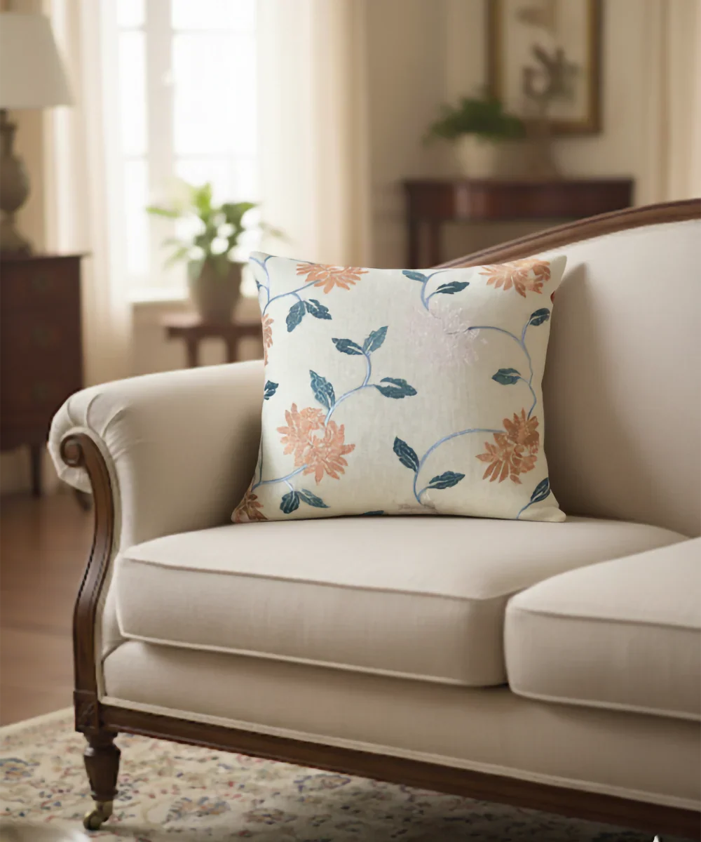 Beige Multi Embroidered All over Cushion Cover (16x16 Inches) | SHOBITAM