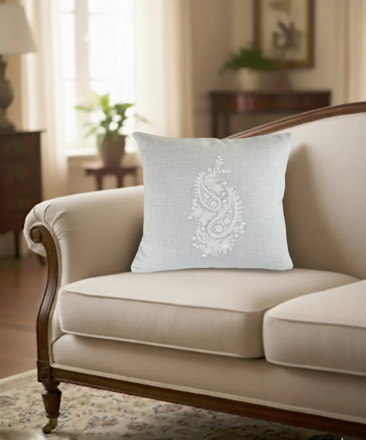 Light Beige Ecru Double Paisley Embroidered Herringbone Cotton Cushion Cover (16x16 Inches) | SHOBITAM