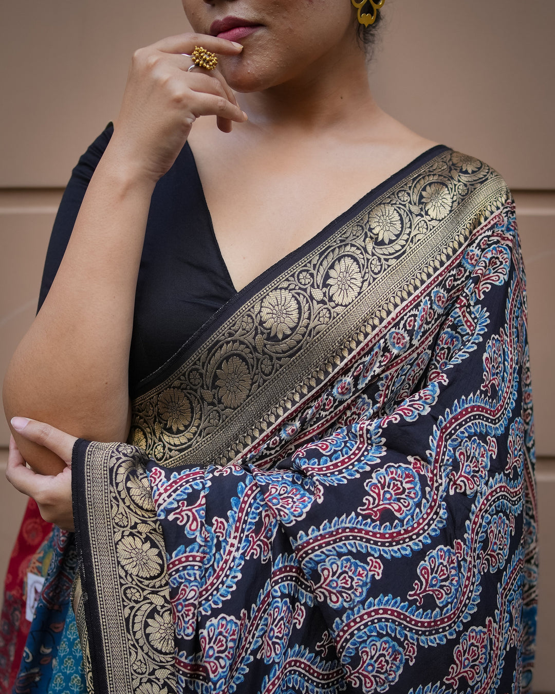 Neelambara Handcrafted Ajrakh Saree on Dola Silk | SHOBITAM