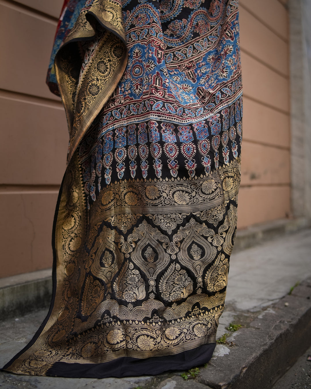 Neelambara Handcrafted Ajrakh Saree on Dola Silk | SHOBITAM