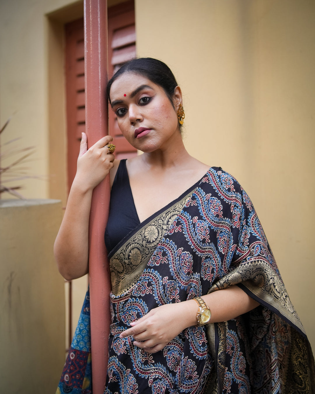 Neelambara Handcrafted Ajrakh Saree on Dola Silk | SHOBITAM