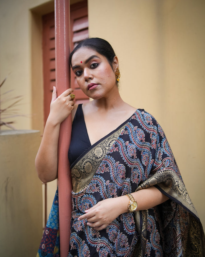 Neelambara Handcrafted Ajrakh Saree on Dola Silk | SHOBITAM