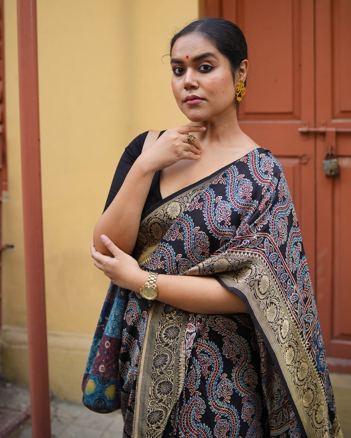 Neelambara Handcrafted Ajrakh Saree on Dola Silk | SHOBITAM