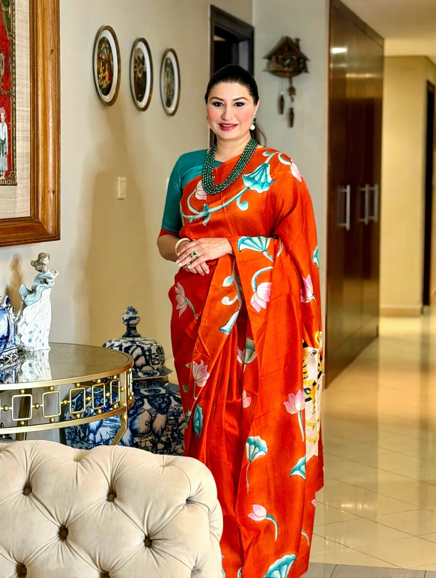 Orange Pure Handloom Silk Saree with Lotus Hand Painted and Nandi Motifs on Pallu | SILK MARK CERTIFIED