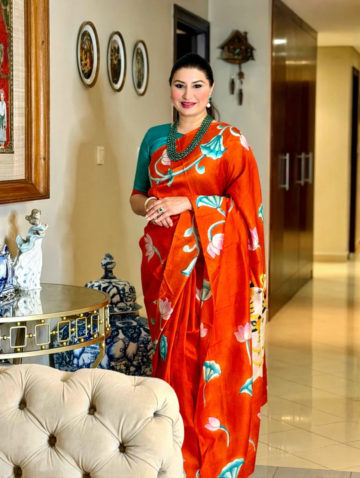 Orange Pure Handloom Silk Saree with Lotus Hand Painted and Nandi Motifs on Pallu | SILK MARK CERTIFIED