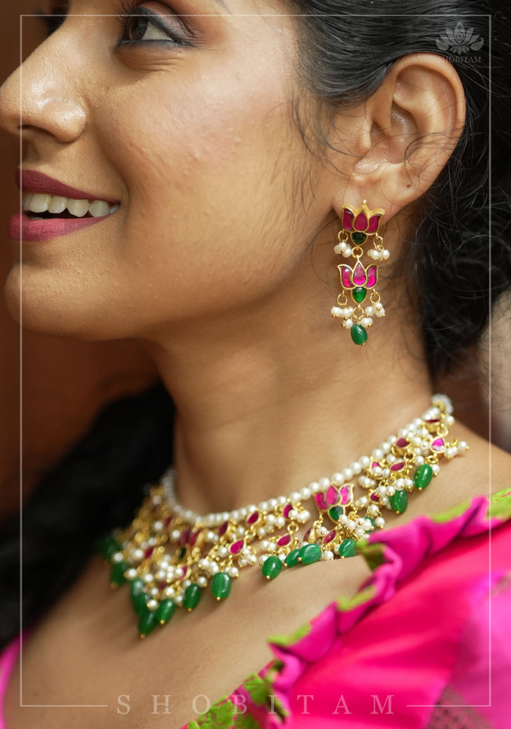 Blooming Lotus Design Necklace Set in Pink with Green and White Dangling Beads | Shobitam Jewelry