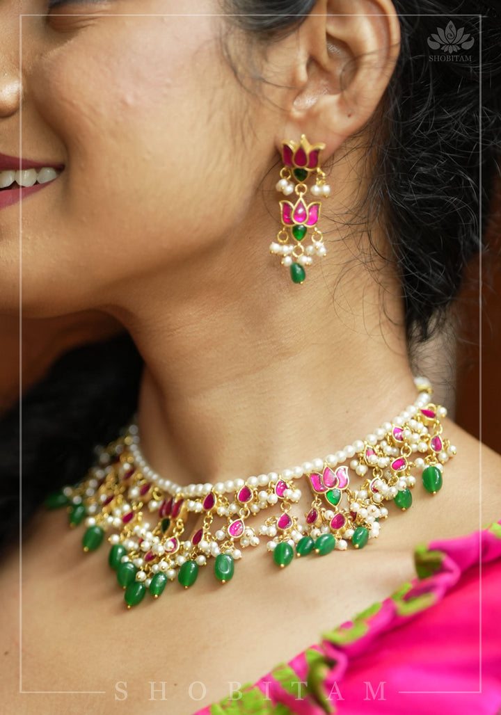 Blooming Lotus Design Necklace Set in Pink with Green and White Dangling Beads | Shobitam Jewelry