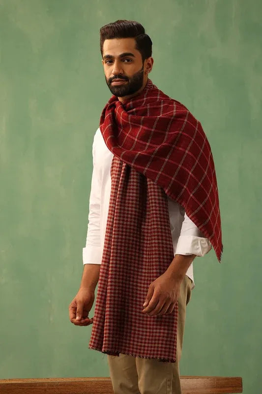 Riyaz Maroon Cashmere Checkered Stole for Men | SHOBITAM