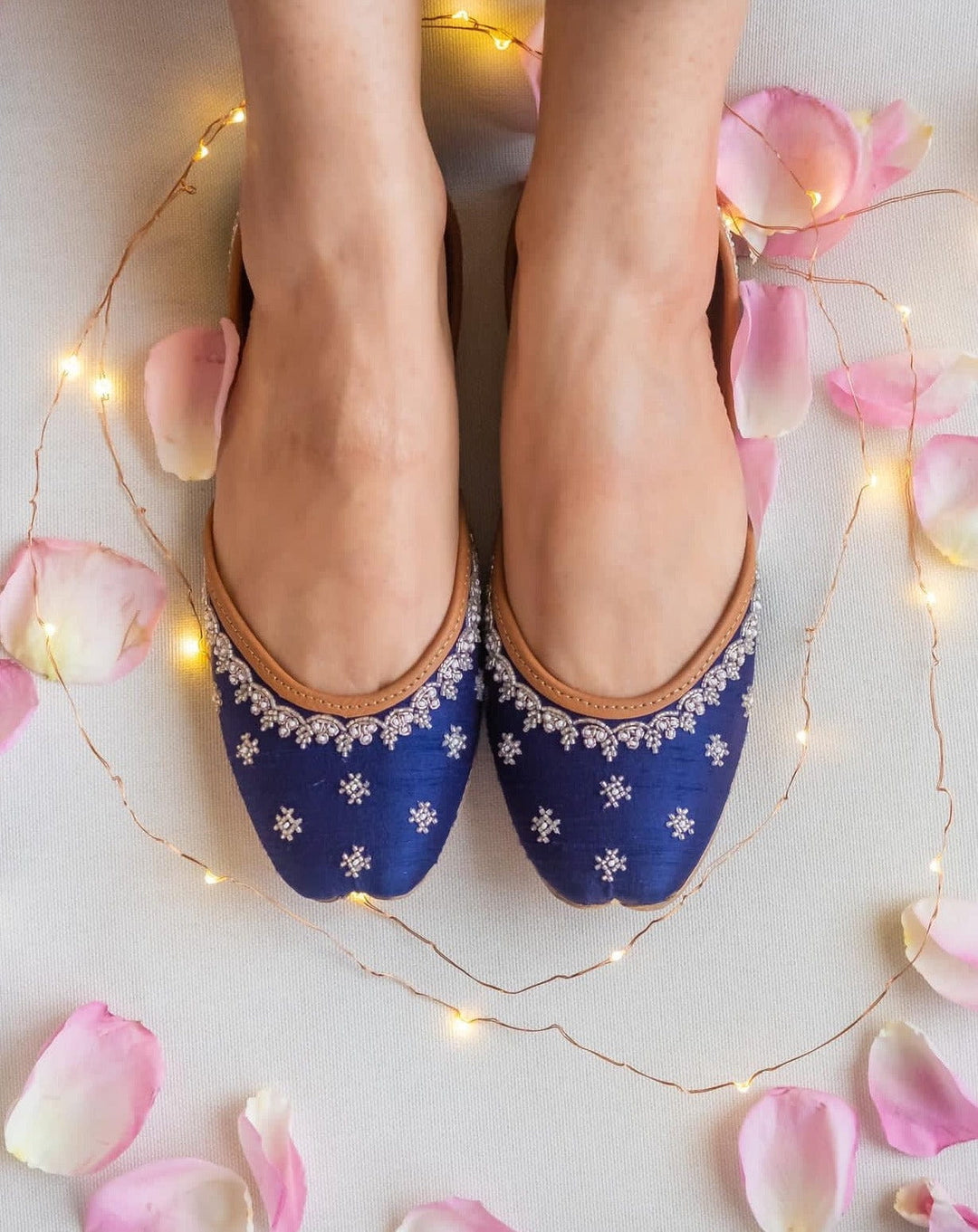 ALIZEH : Pastels and Pop X Anushree Reddy Navy Blue and Silver Embroidered Punjabi Juttis