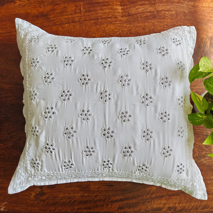 Kashaf White Chikankari Cushion Cover, 18" x 18", Pack of 1 | SHOBITAM
