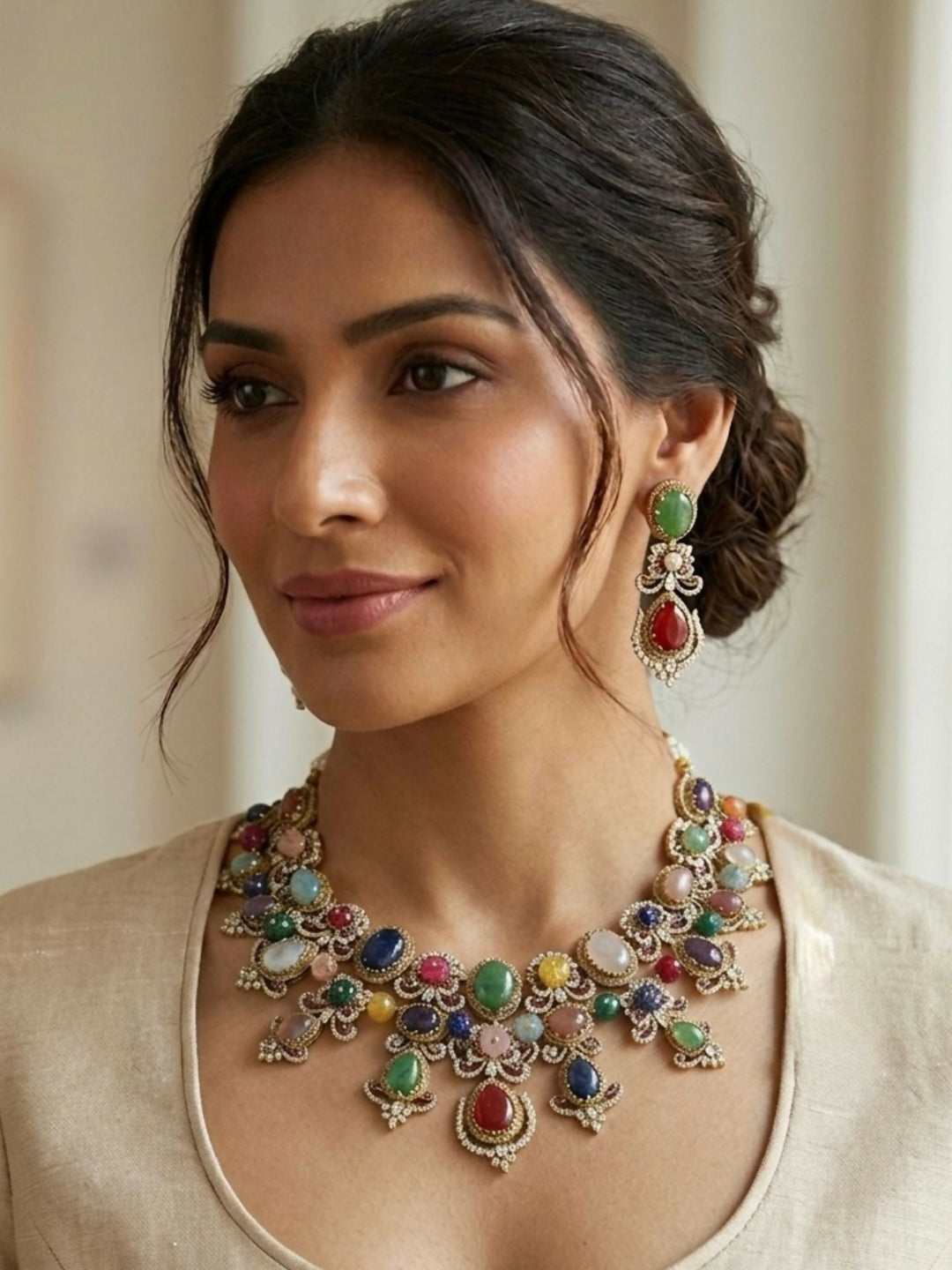 Multicolour Navratna Kundan Statement Necklace Set with Earrings | SHOBITAM