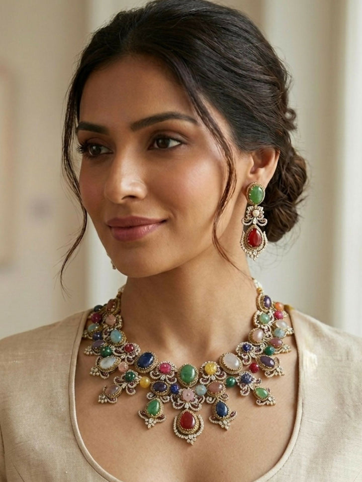 Multicolour Navratna Kundan Statement Necklace Set with Earrings | SHOBITAM