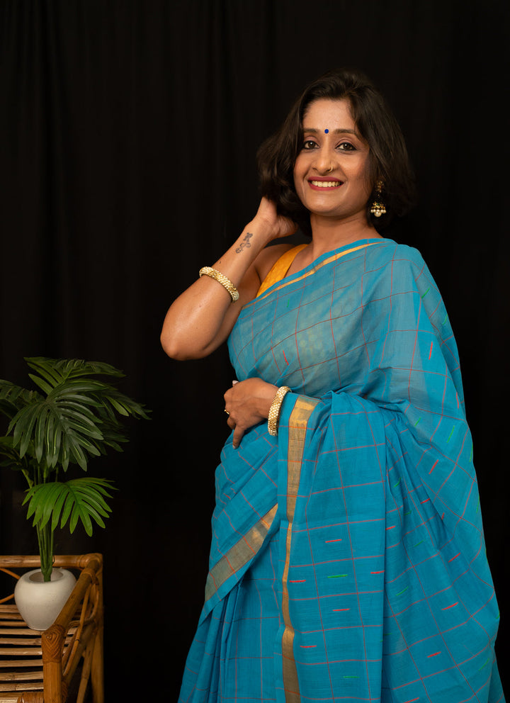 Ananda Blue Checkered Venkatgiri Cotton Saree Anandam | SHOBITAM