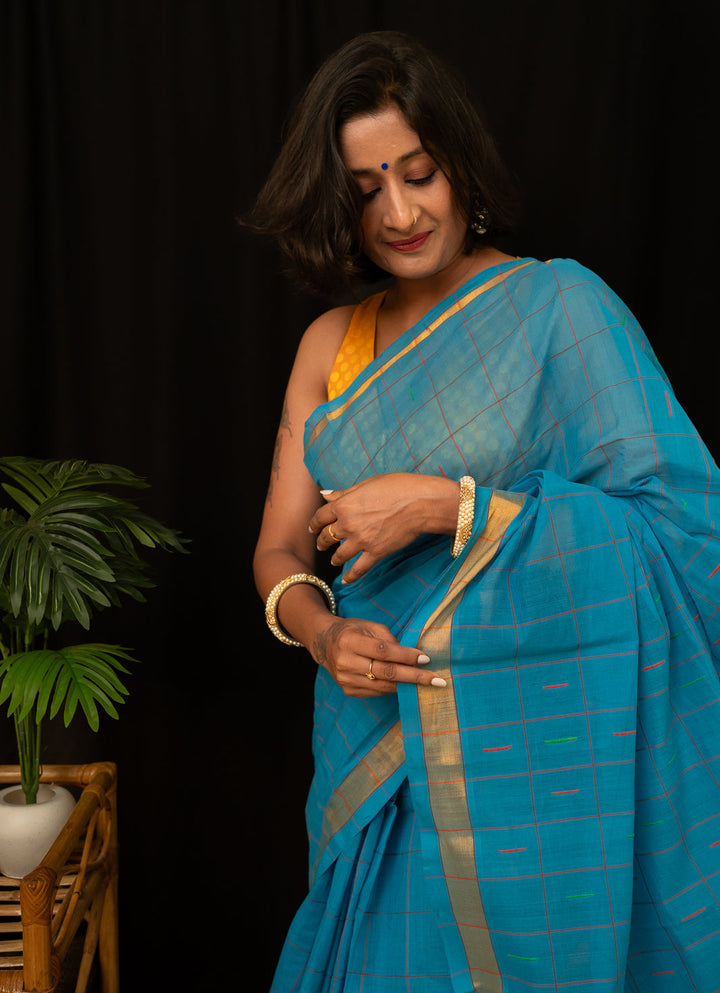 Ananda Blue Checkered Venkatgiri Cotton Saree Anandam | SHOBITAM