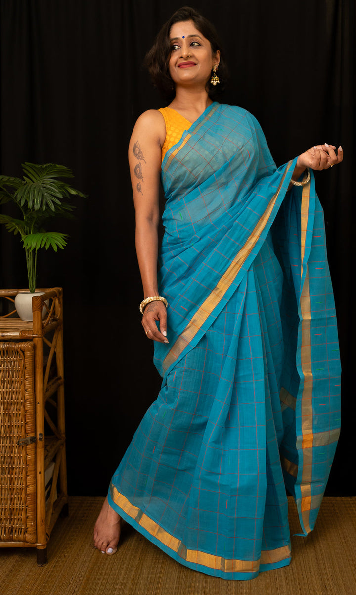 Ananda Blue Checkered Venkatgiri Cotton Saree Anandam | SHOBITAM