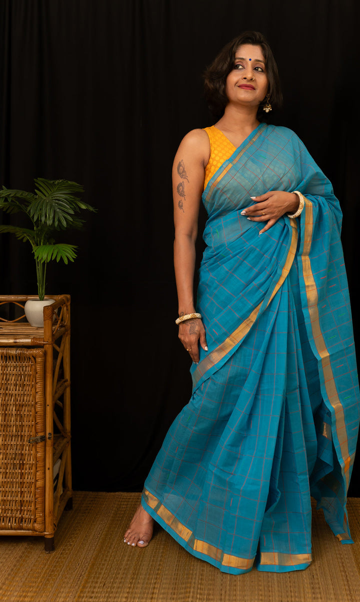 Ananda Blue Checkered Venkatgiri Cotton Saree Anandam | SHOBITAM