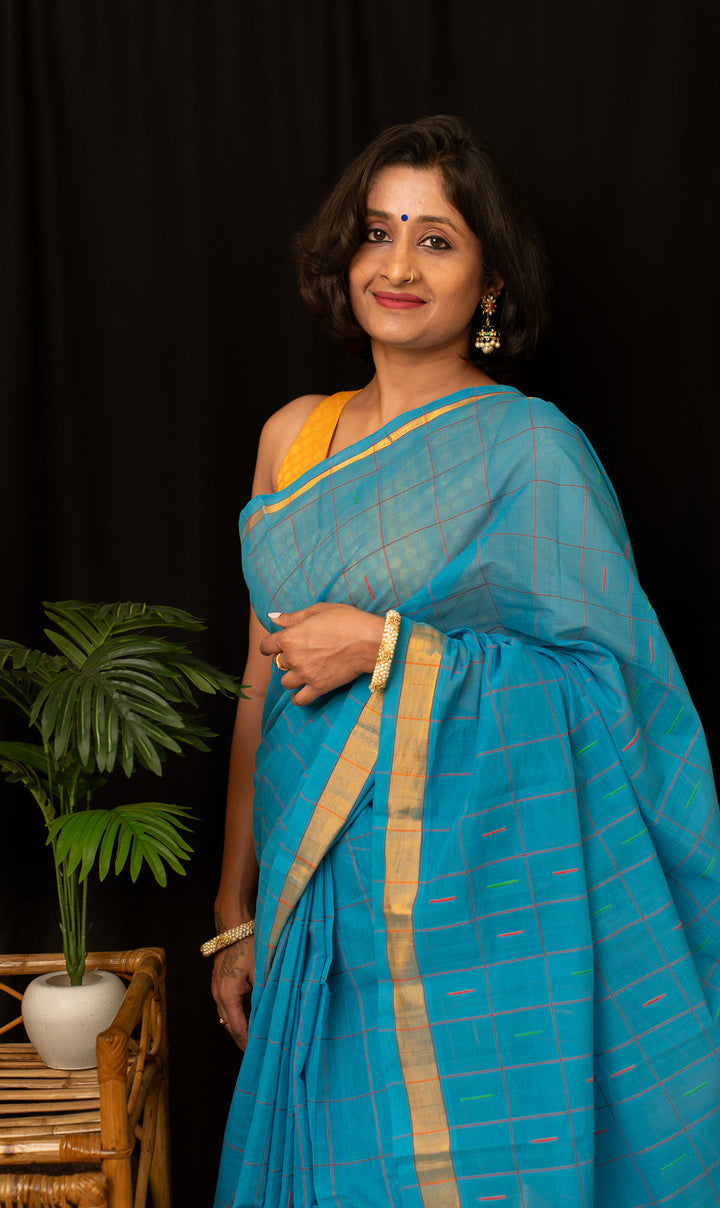 Ananda Blue Checkered Venkatgiri Cotton Saree Anandam | SHOBITAM
