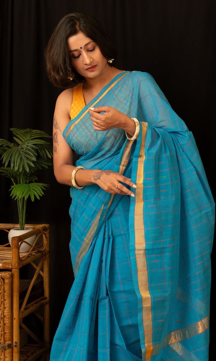 Ananda Blue Checkered Venkatgiri Cotton Saree Anandam | SHOBITAM