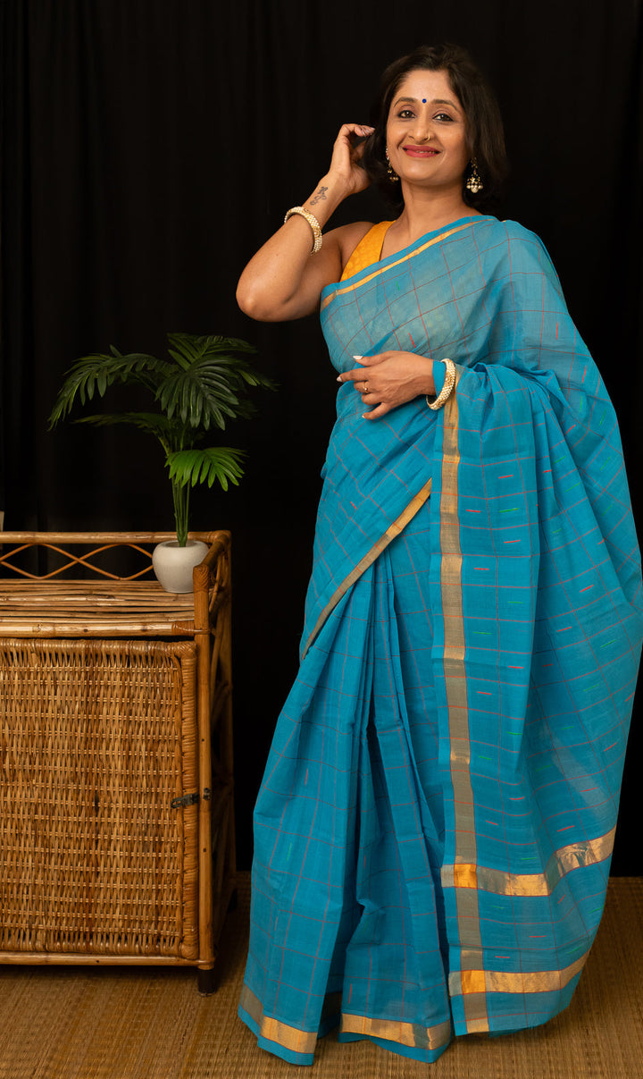 Ananda Blue Checkered Venkatgiri Cotton Saree Anandam | SHOBITAM