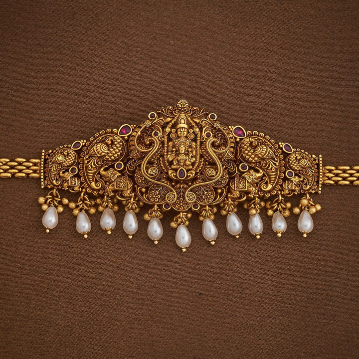Balaji motif Bajuband with Dangling Beads And Adjustable Chain, Red Stone,  Single piece