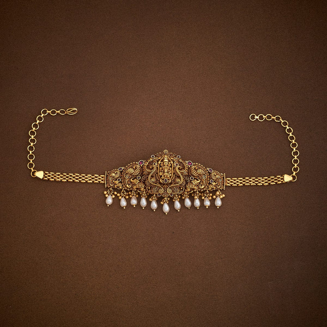 Balaji motif Bajuband with Dangling Beads And Adjustable Chain, Red Stone,  Single piece
