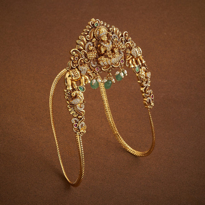 Lakshmi Motif Vanki Armlet with CZ And Dangling Pearls, Single piece