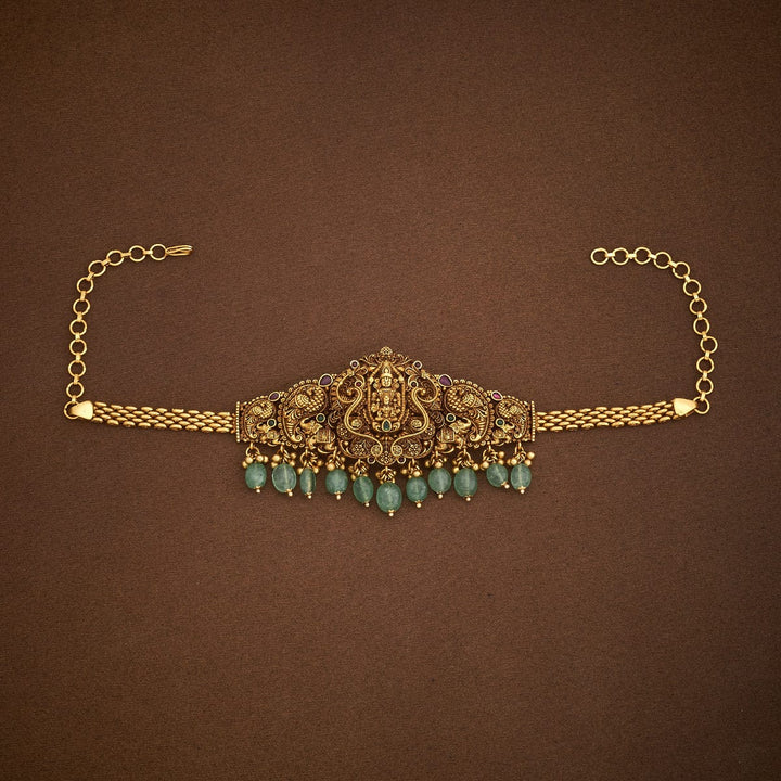 Balaji motif Bajuband with Dangling Beads And Adjustable Chain, Red Stone,  Single piece