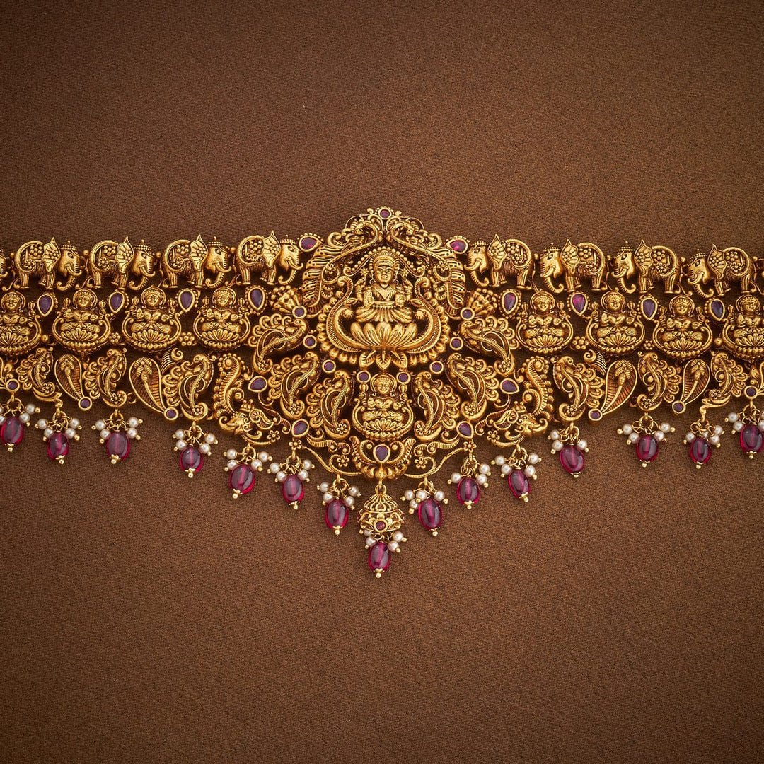 Gold Plated Ethnic Antique Waist Belt with Lakshmi Units and Dangling Beads