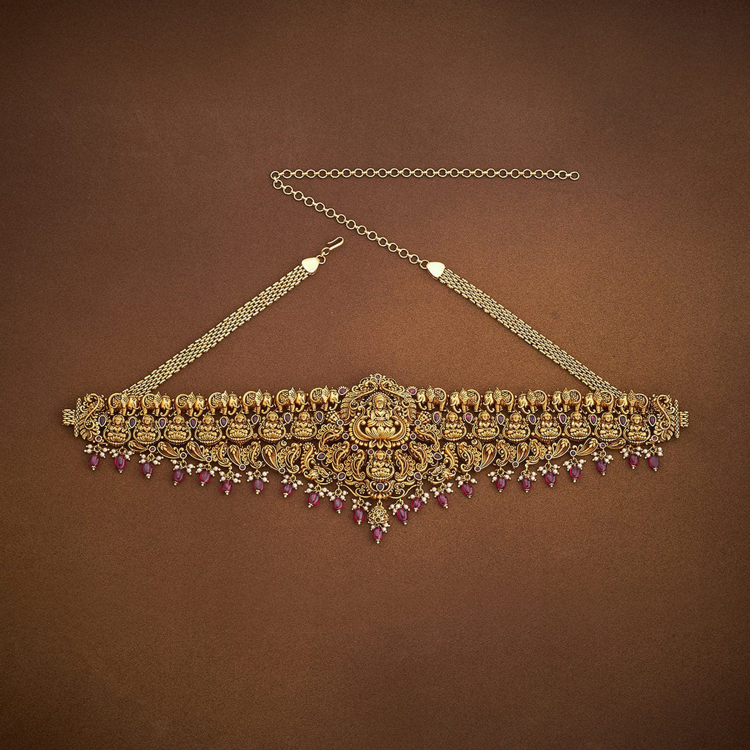 Gold Plated Ethnic Antique Waist Belt with Lakshmi Units and Dangling Beads