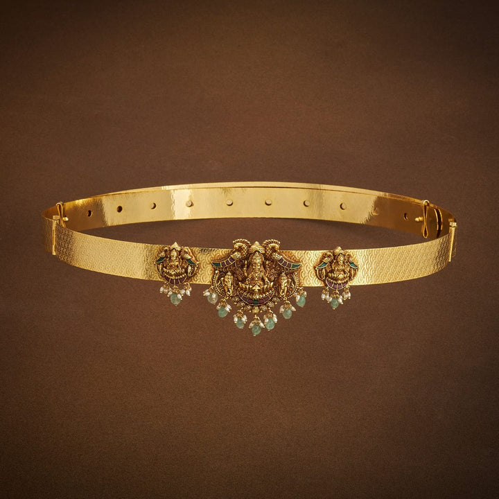 Gold Plated Antique Style Temple Belt with Goddess Lakshmi and Dangling Beads
