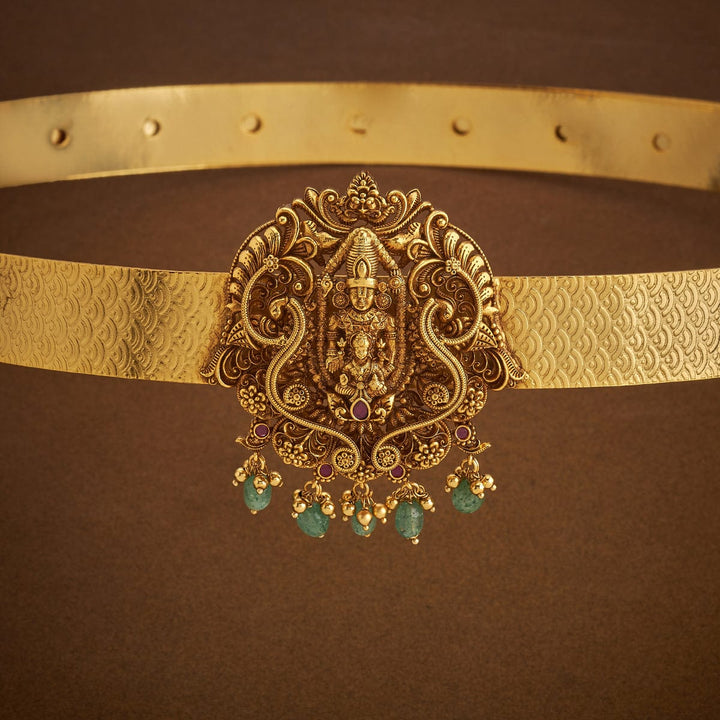 Gold Plated Ethnic Antique Waist Belt with Balaji Motifs and Dangling Beads