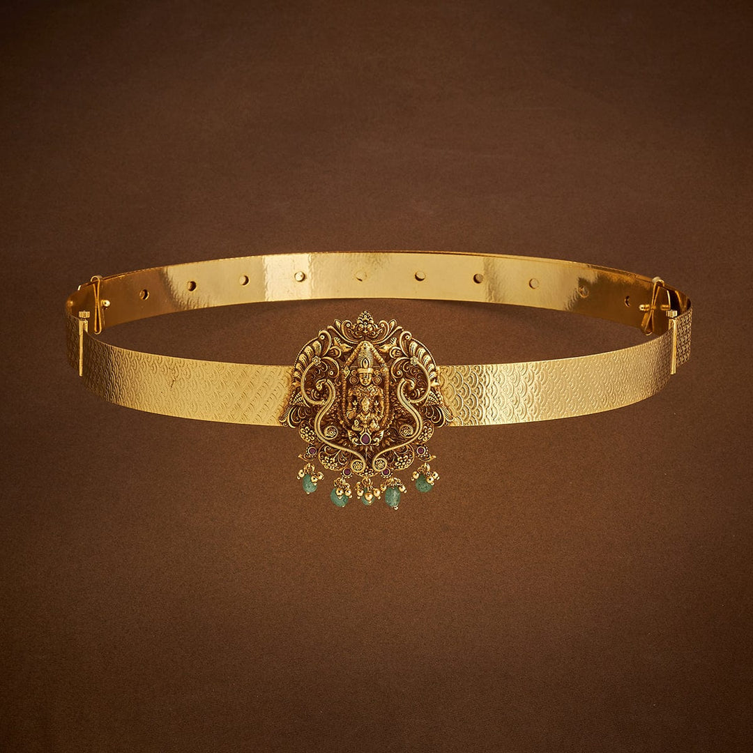 Gold Plated Ethnic Antique Waist Belt with Balaji Motifs and Dangling Beads