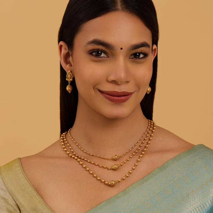 Three-Strand Gold-Plated Mala or Necklace Set with Ornate Beads