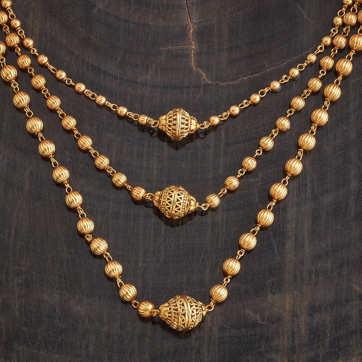 Three-Strand Gold-Plated Mala or Necklace Set with Ornate Beads
