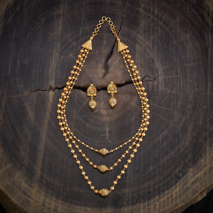 Three-Strand Gold-Plated Mala or Necklace Set with Ornate Beads