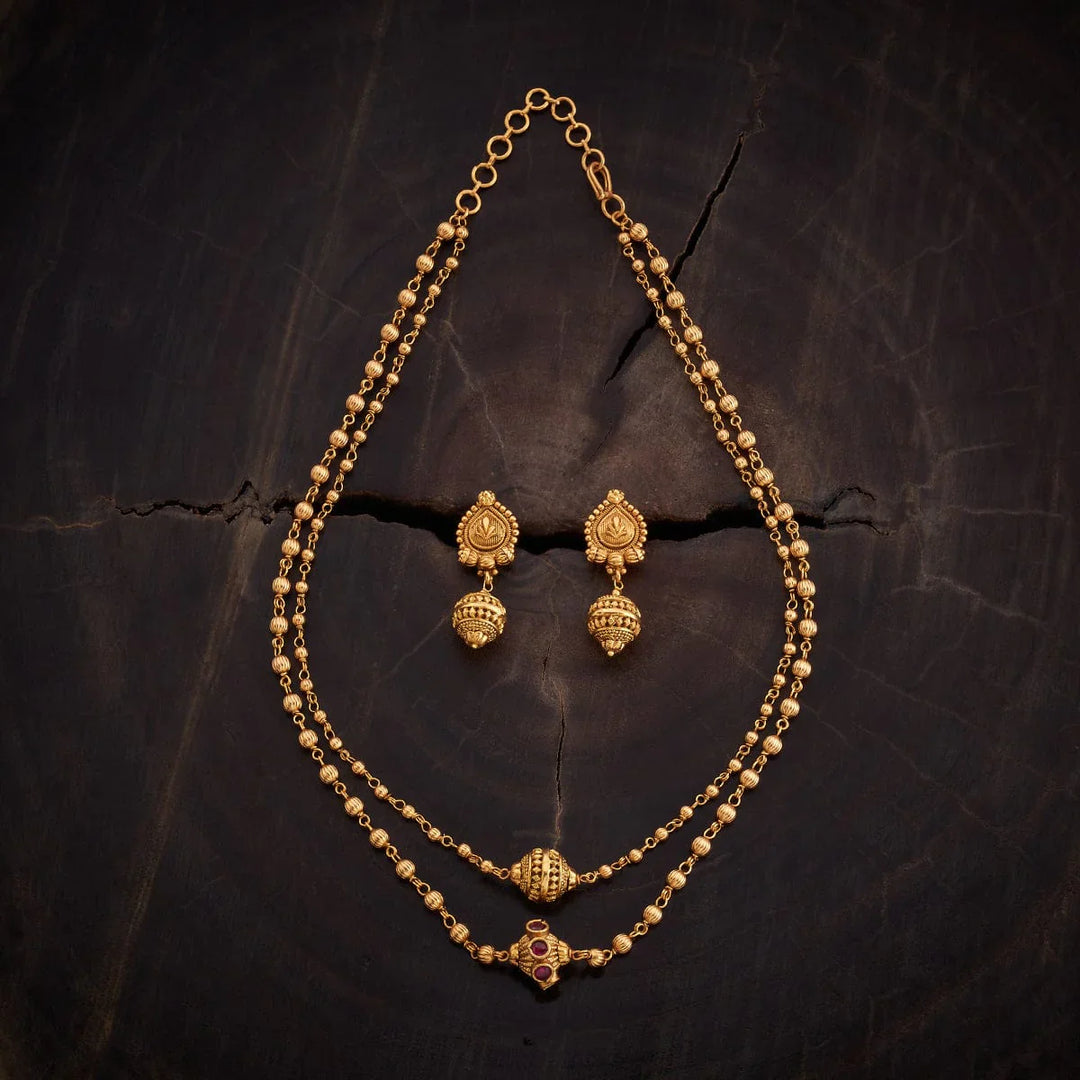 Antique 2 Layered Gold Beaded Mala with Ruby and Matching Earrings