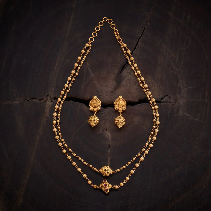 Antique 2 Layered Gold Beaded Mala with Ruby and Matching Earrings