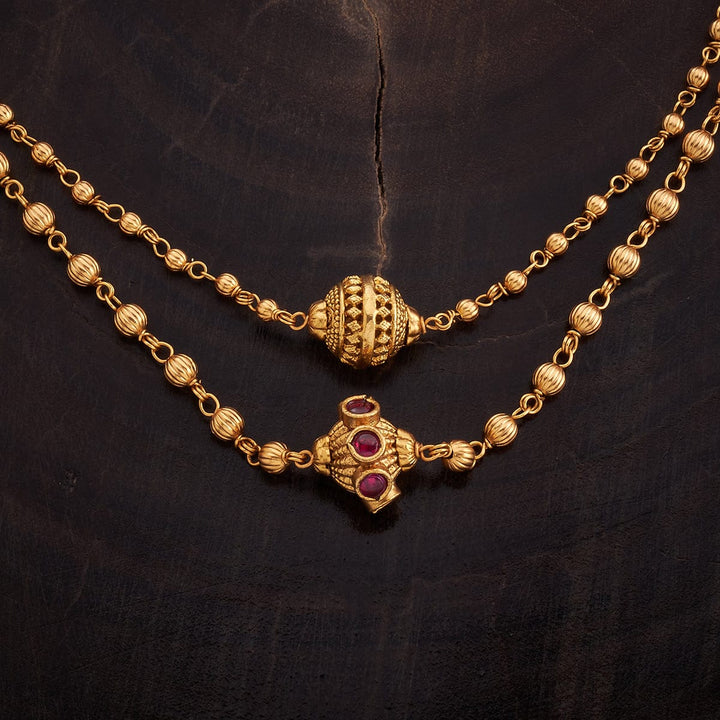 Antique 2 Layered Gold Beaded Mala with Ruby and Matching Earrings