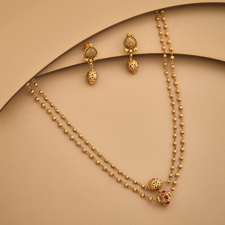 Antique 2 Layered Gold Beaded Mala with Ruby and Matching Earrings