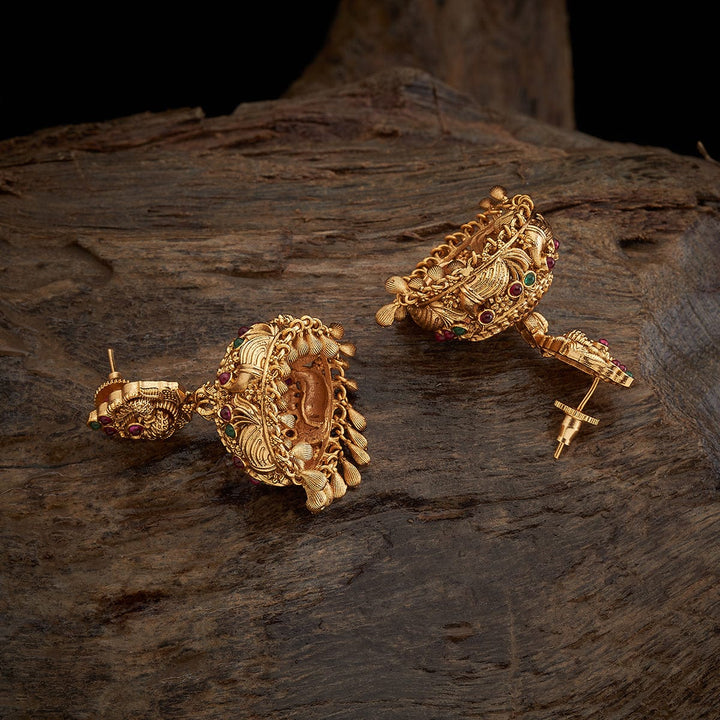 Peacock Motif Antique jhumka Earrings with Dangling beads