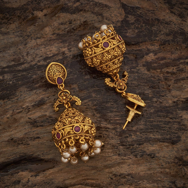 Antique Gold Jhumka with Emeralds with Gem Stone and Dangling Beads