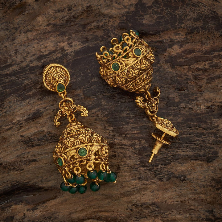 Antique Gold Jhumka with Emeralds with Gem Stone and Dangling Beads