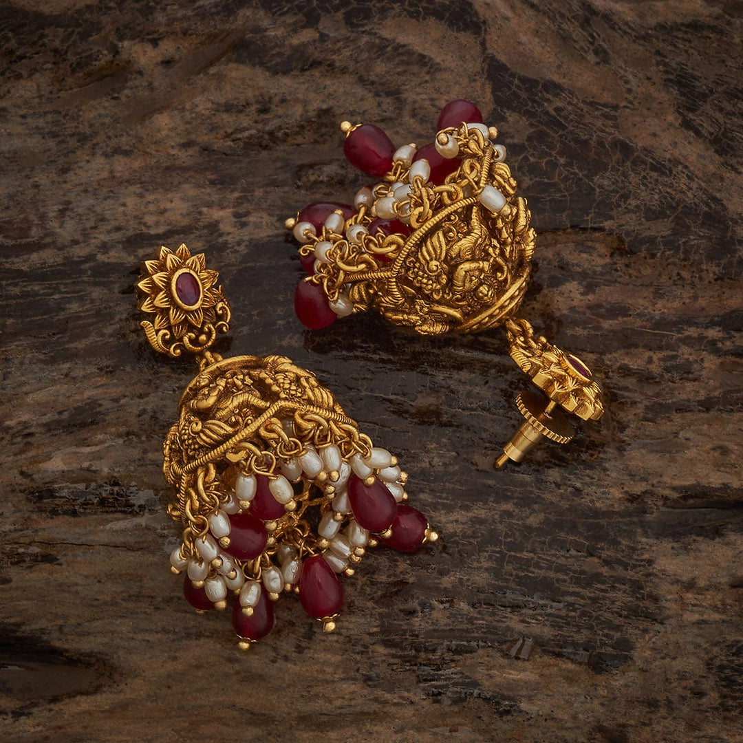 Antique Gold-Plated Krishna Jhumka Earrings with Ruby and Pearls Accents