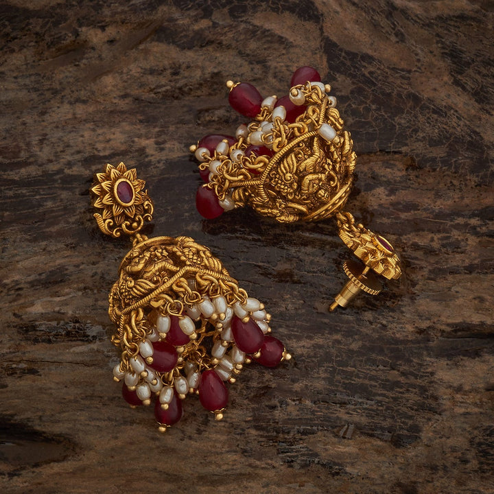 Antique Gold-Plated Krishna Jhumka Earrings with Ruby and Pearls Accents