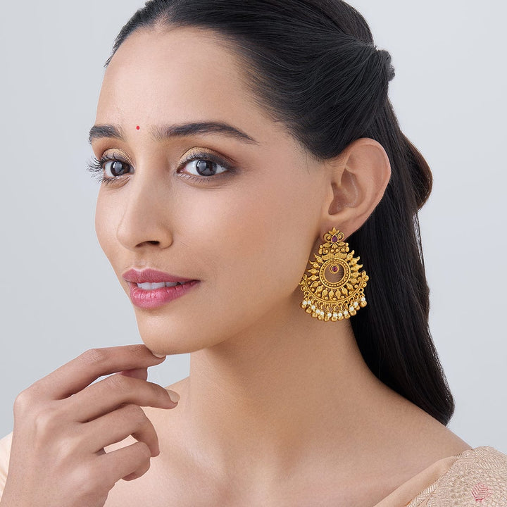 Semi Circle Rangoli Design Antique Earring with Dangling Pearls and beads