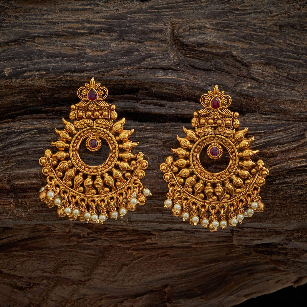 Semi Circle Rangoli Design Antique Earring with Dangling Pearls and beads