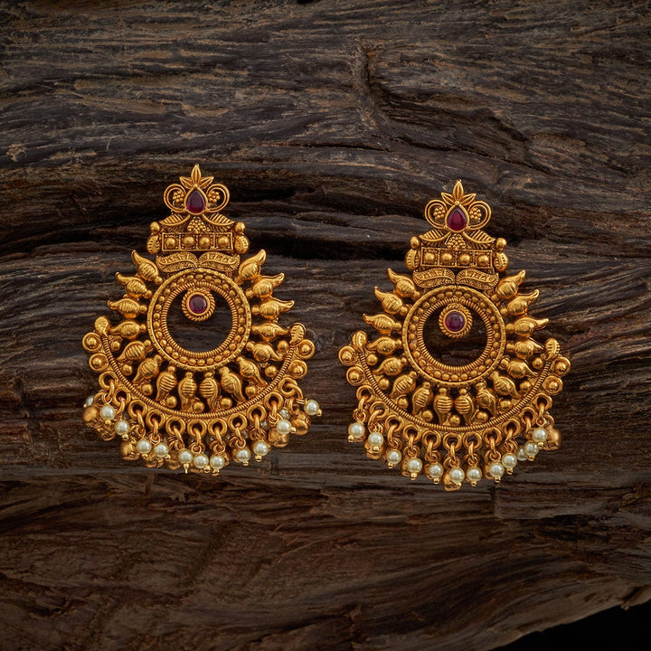 Semi Circle Rangoli Design Antique Earring with Dangling Pearls and beads