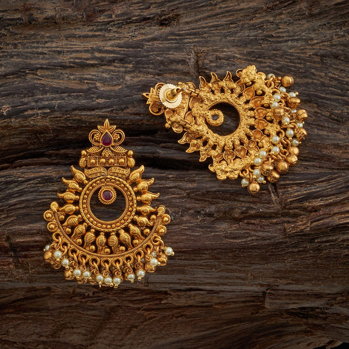 Semi Circle Rangoli Design Antique Earring with Dangling Pearls and beads